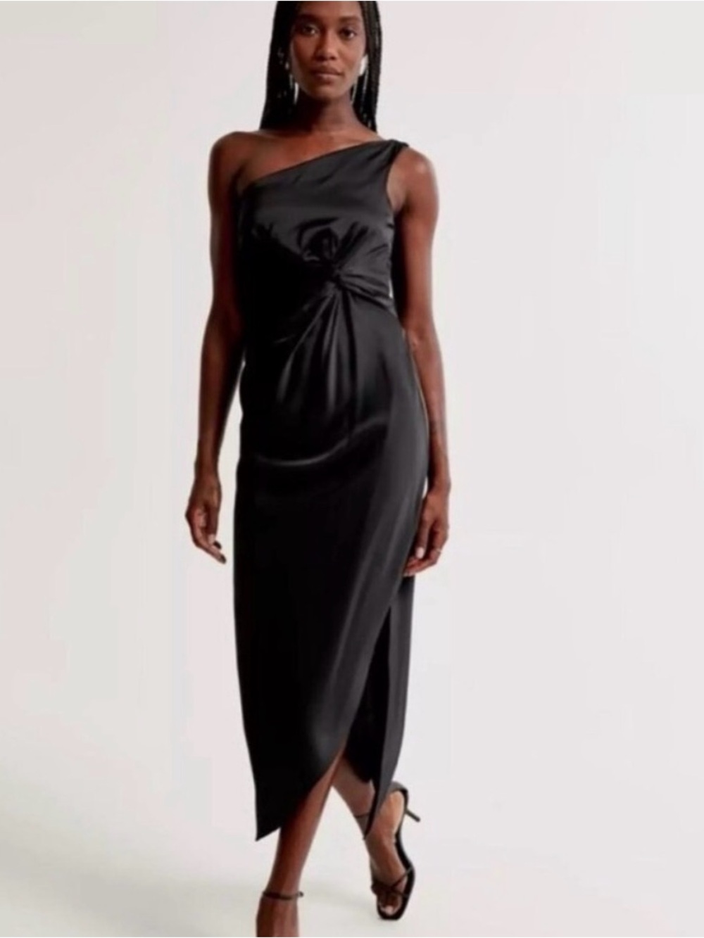 Abercrombie & Fitch One-Shoulder Black Twist-Waist Midi Dress
